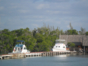 Boat serves between the cay and the mainland.